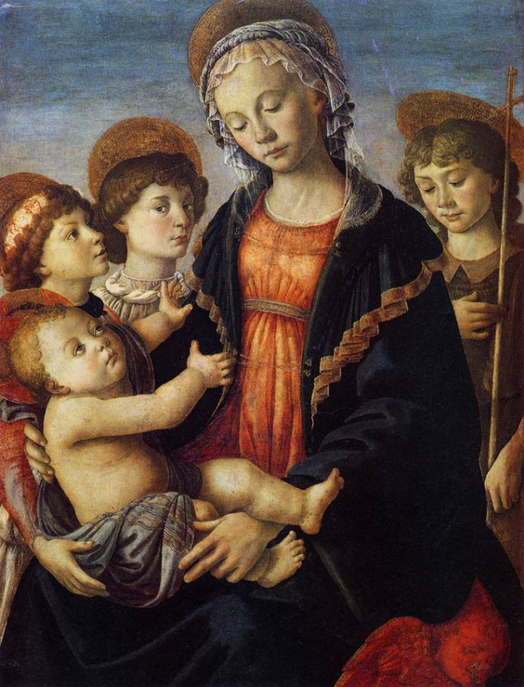 Sandro Botticelli. Madonna and child with two angels and the young St John the Baptist