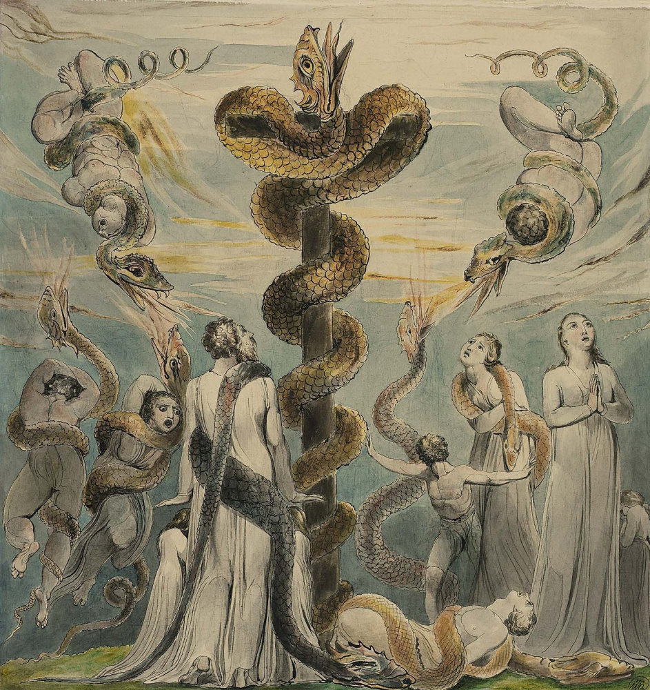 William Blake. Illustrations of the Bible. Moses erects a brass Serpent