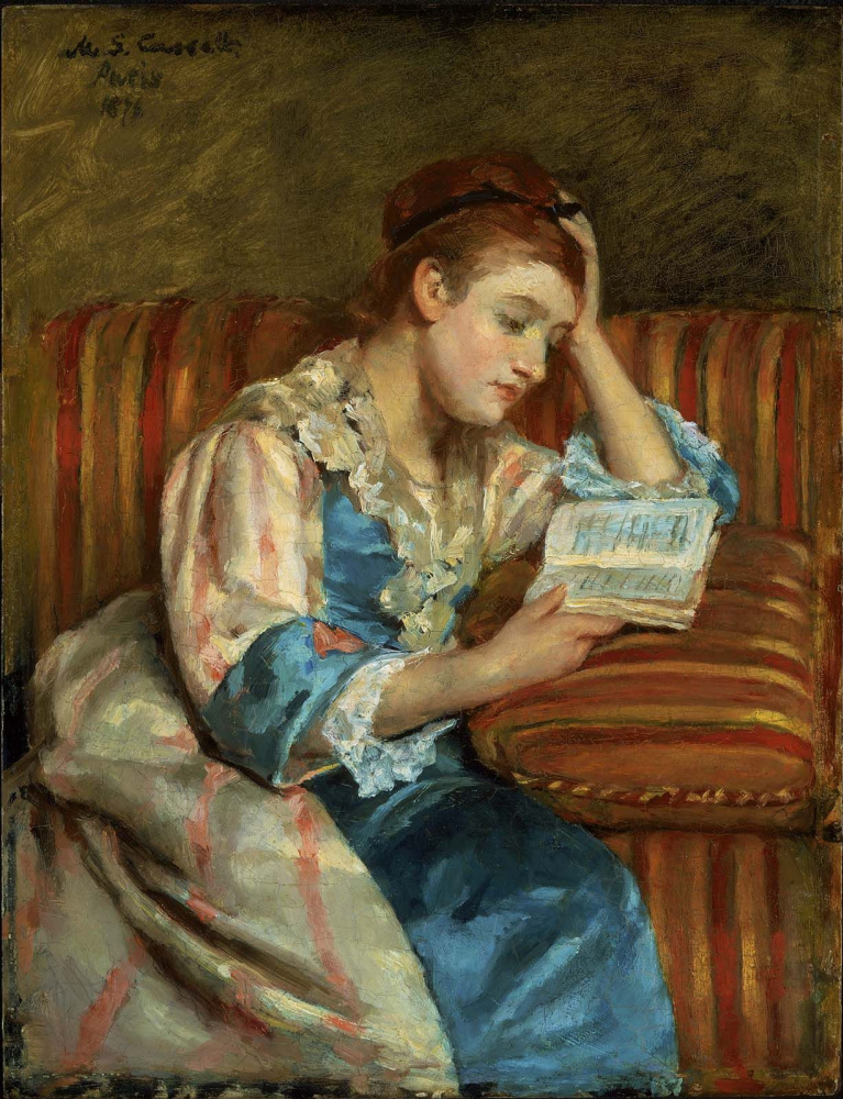 Mary Cassatte. Mrs. Duffee seated on a striped sofa, reading