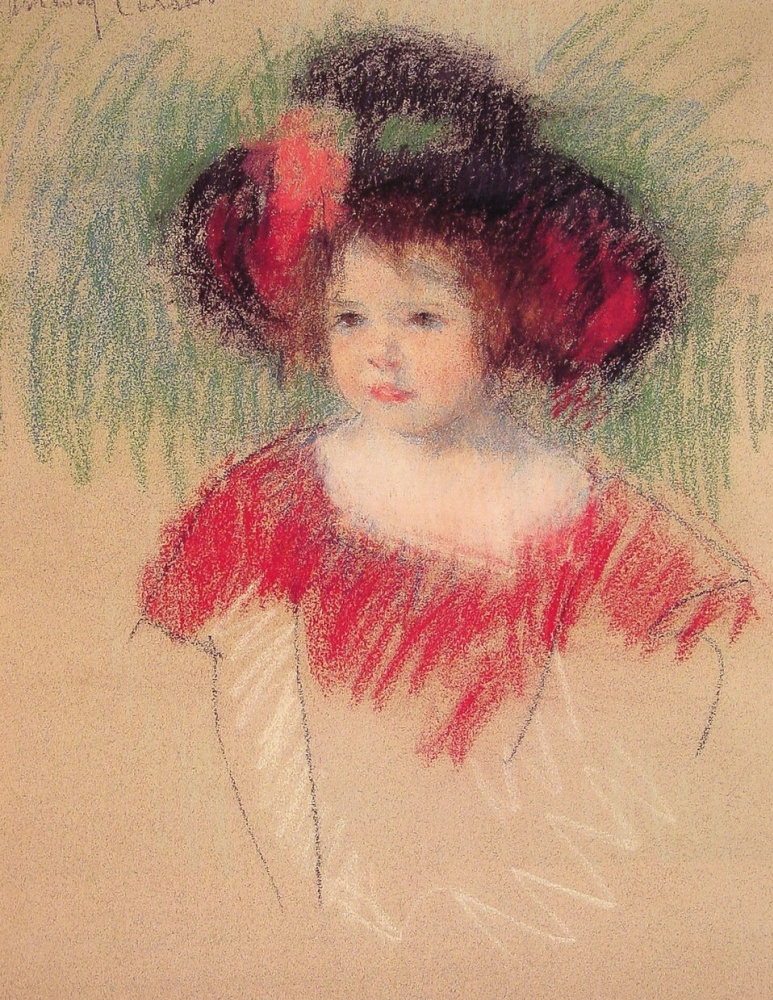Mary Cassatt. Margot in a big hat and a red dress