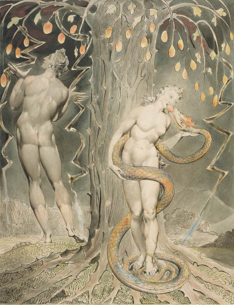 William Blake. The temptation and fall of eve. The whirlwind: Ezekiel's vision of the cherubim and eyes. Illustration to the poem of Milton's "Paradise Lost"