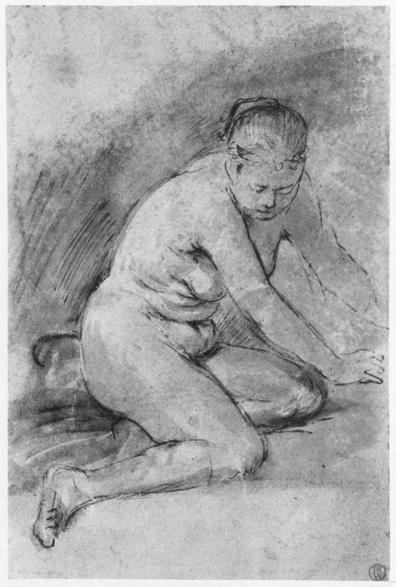 Rembrandt Harmenszoon van Rijn. Nude model, sitting on his knees