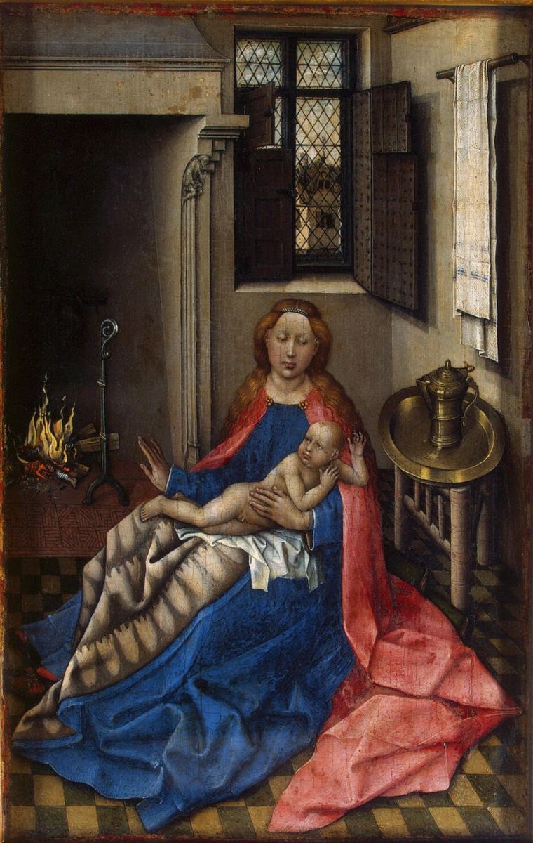 Robert Kampen. Madonna with the Christ child by the fireplace. Right wing of a diptych