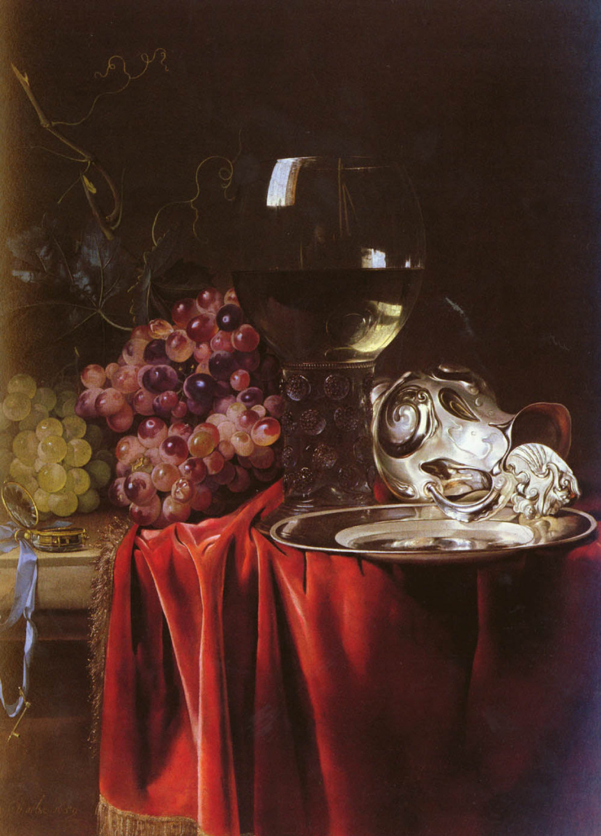Willem van Aelst. Still life with grapes, a clock, a silver pitcher and a glass