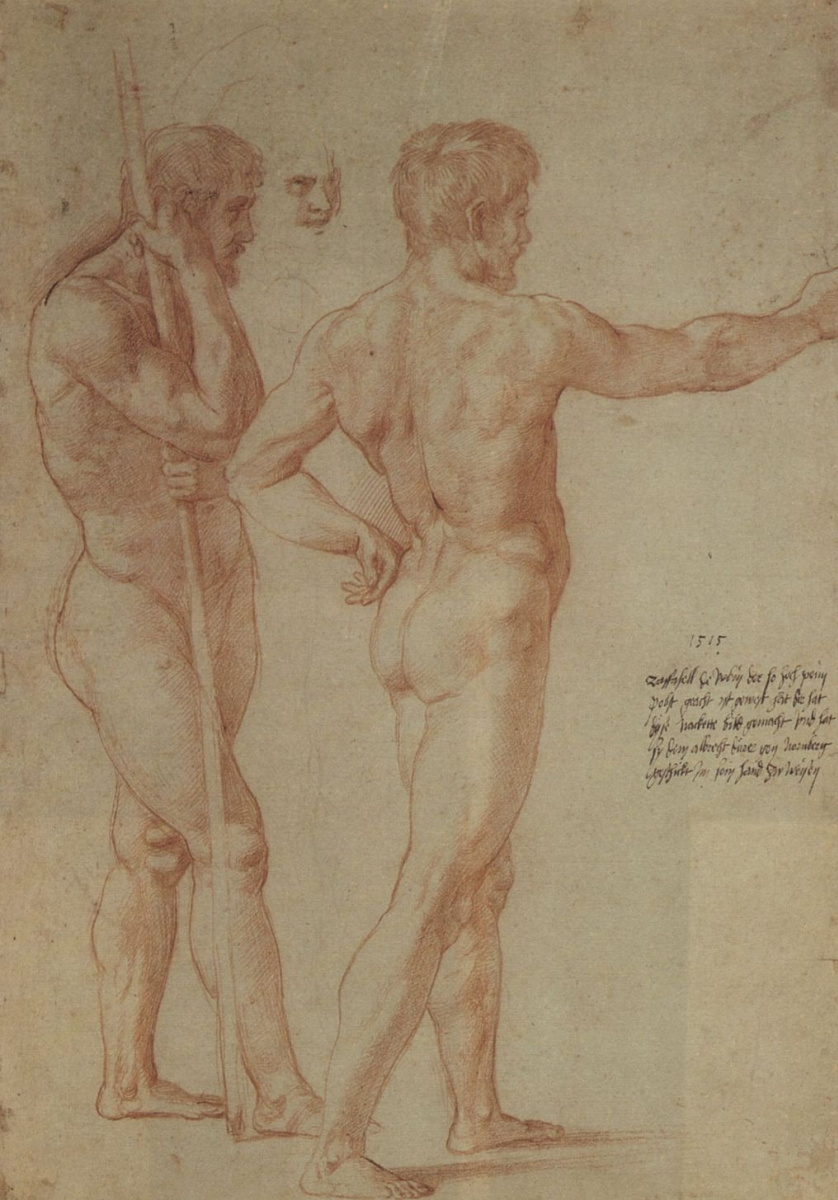 Raphael Sanzio. Sketch for the fresco "the Battle of Ostia". Sketches of two Nude models