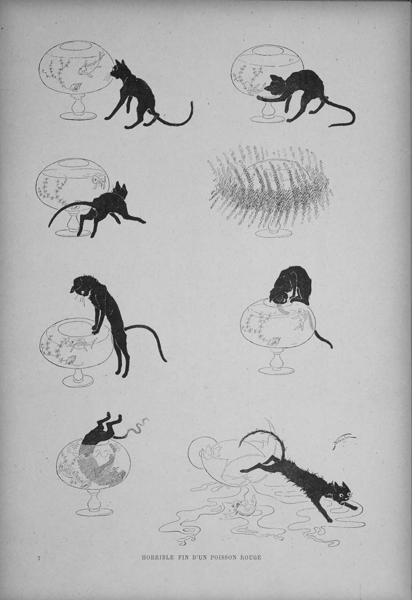 Theophile-Alexander Steinlen. Cats: pictures without words. Cat and aquarium
