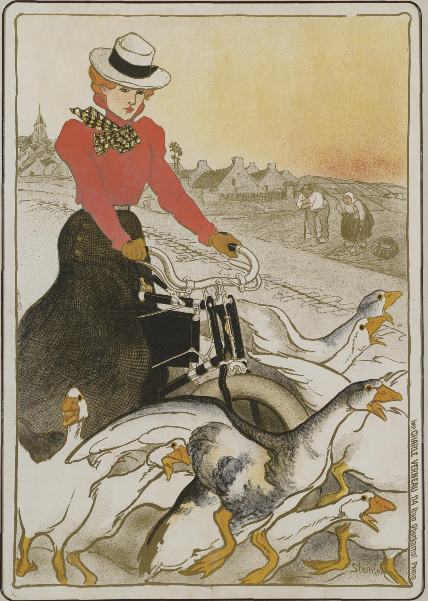 Theophile-Alexander Steinlen. On a motorcycle among the geese