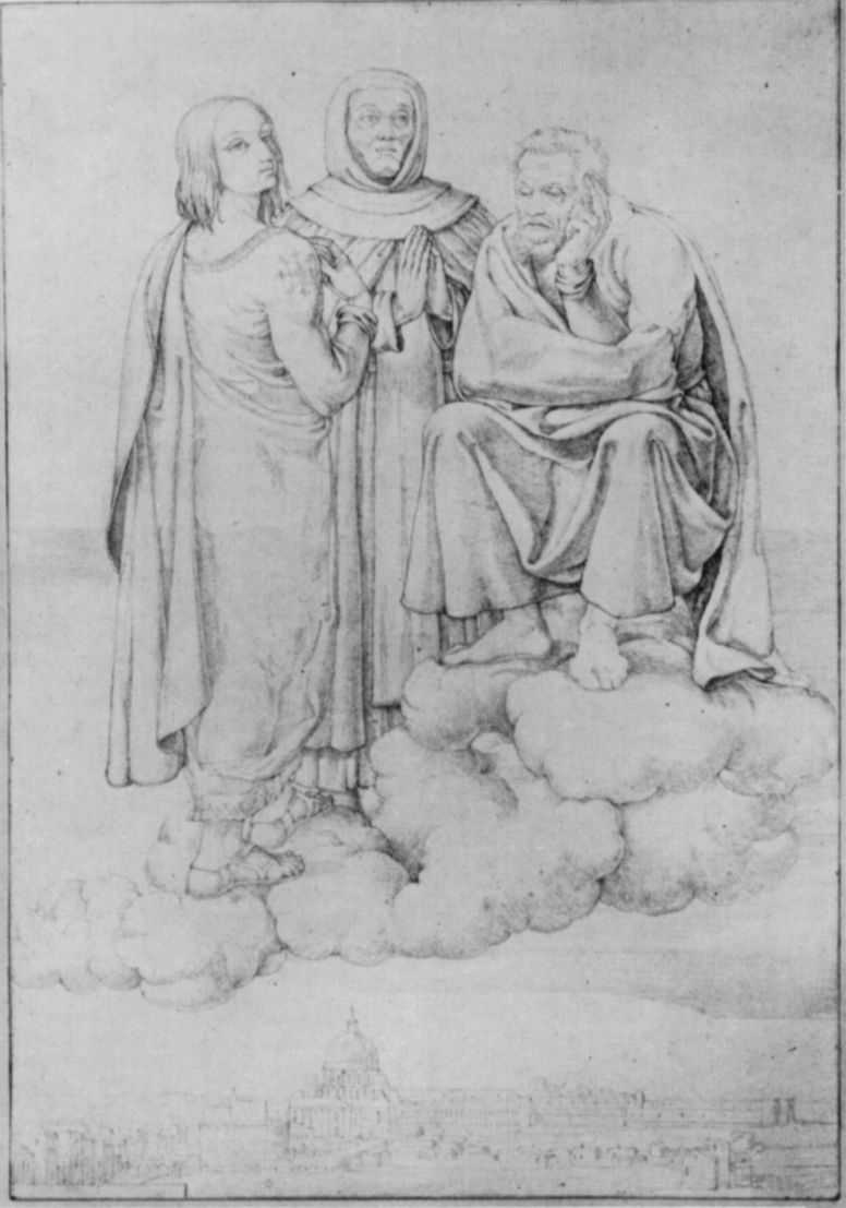 Franz Pforr. Raphael, fra Angelico and Michelangelo on a cloud over Rome