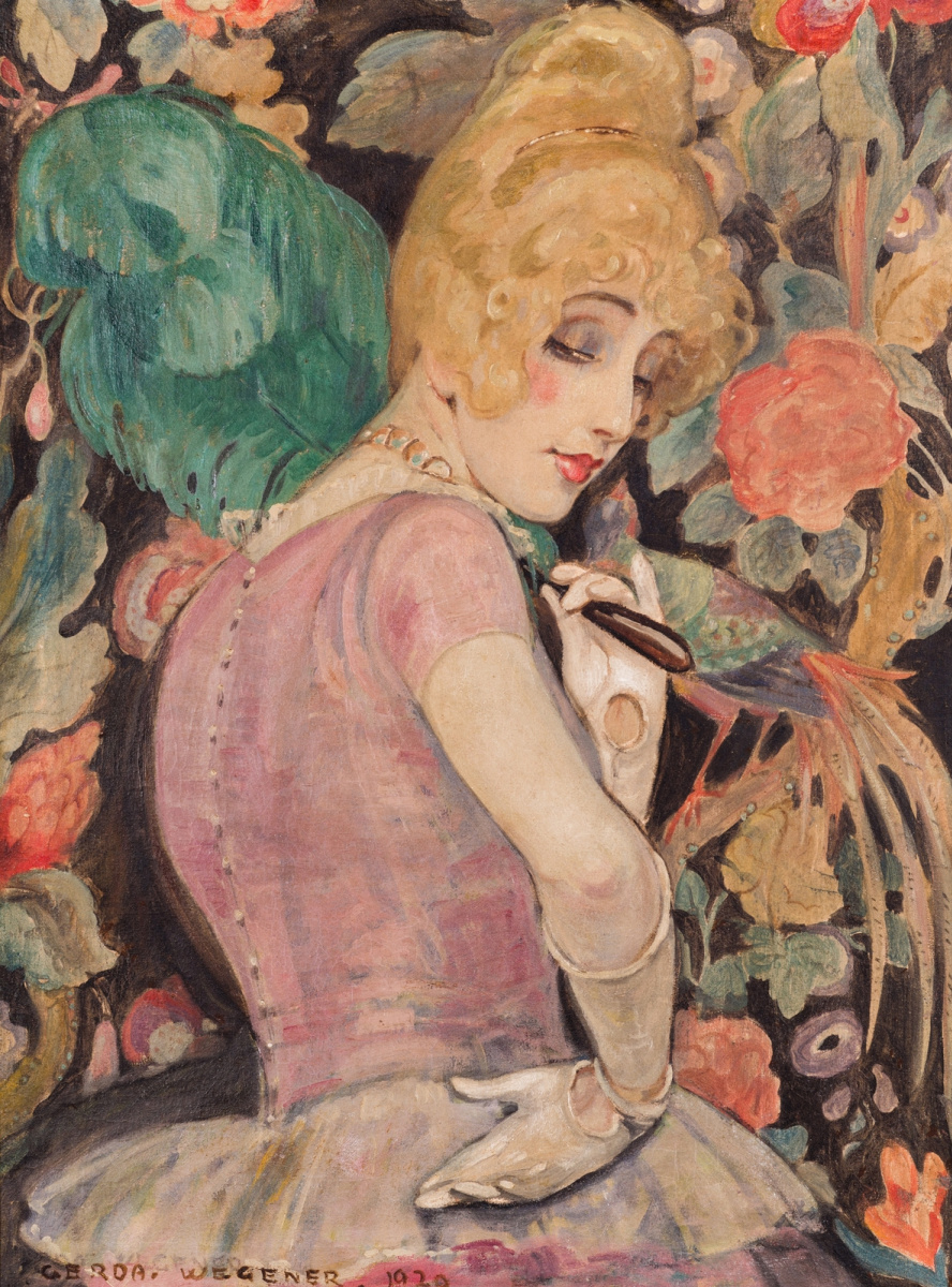 Gerda Wegener. Lily Elbe avec éventail de plumes vertes