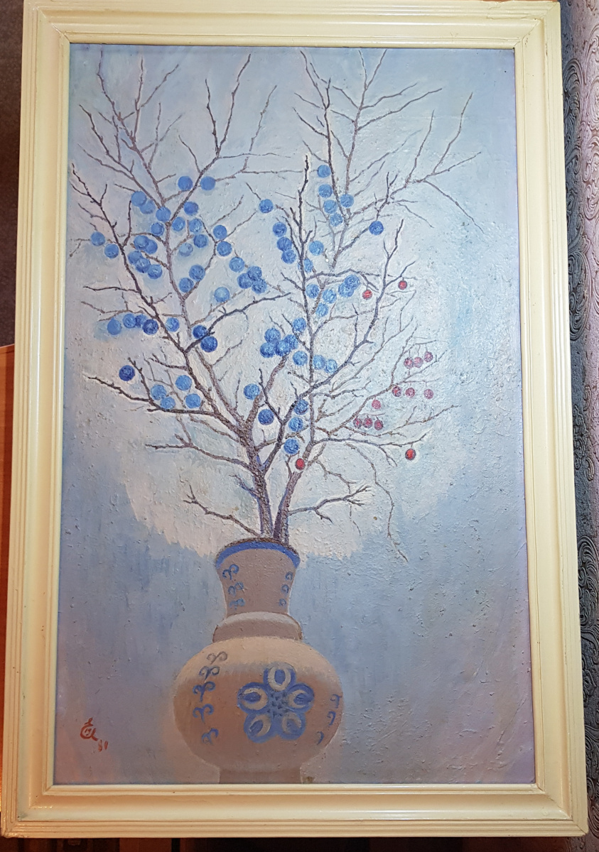 Yuri Semenovich Evseev. Twig of thorns in a blue vase