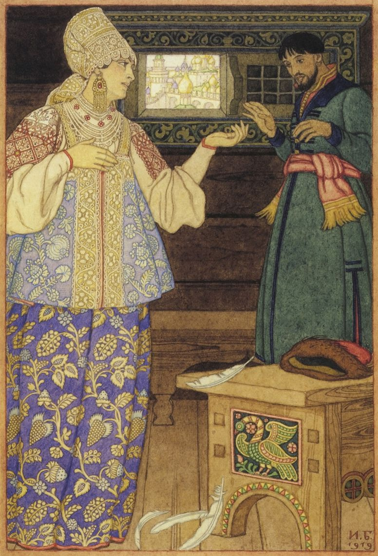 Ivan Yakovlevich Bilibin. Andrei-shooter and Streltsikha. Illustration to the Russian folk tale "Go there - I do not know where"