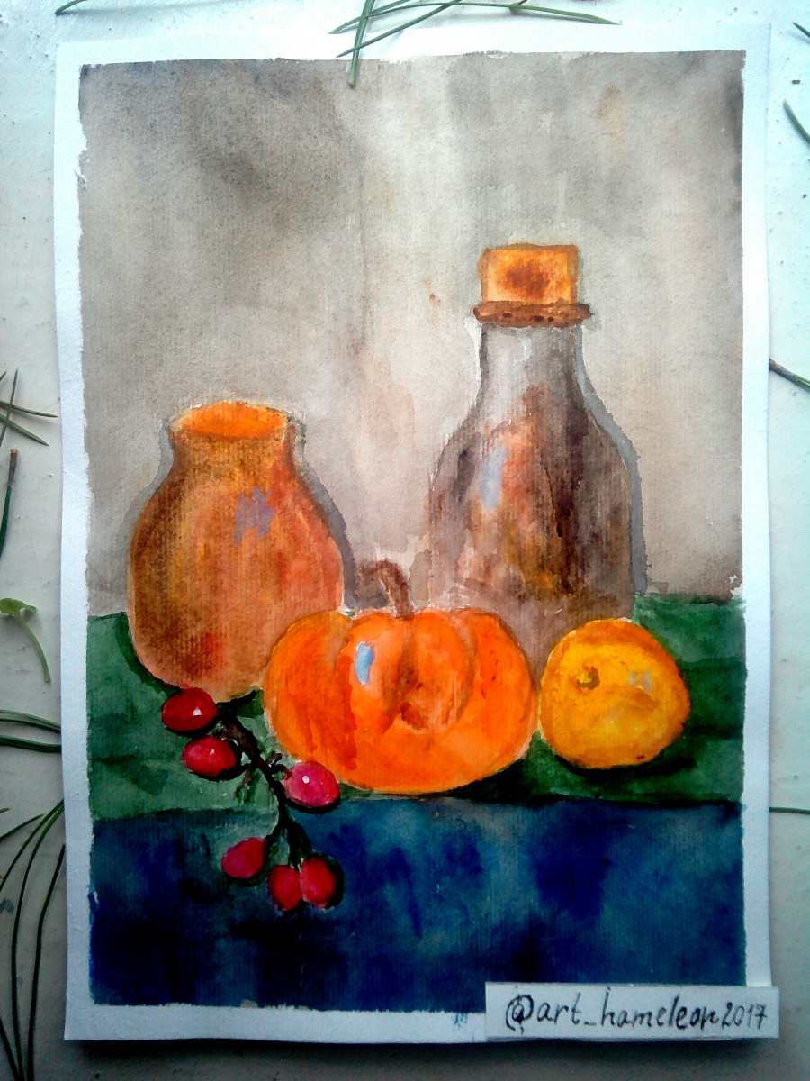 Unknown artist. Still life with pumpkin and bottle