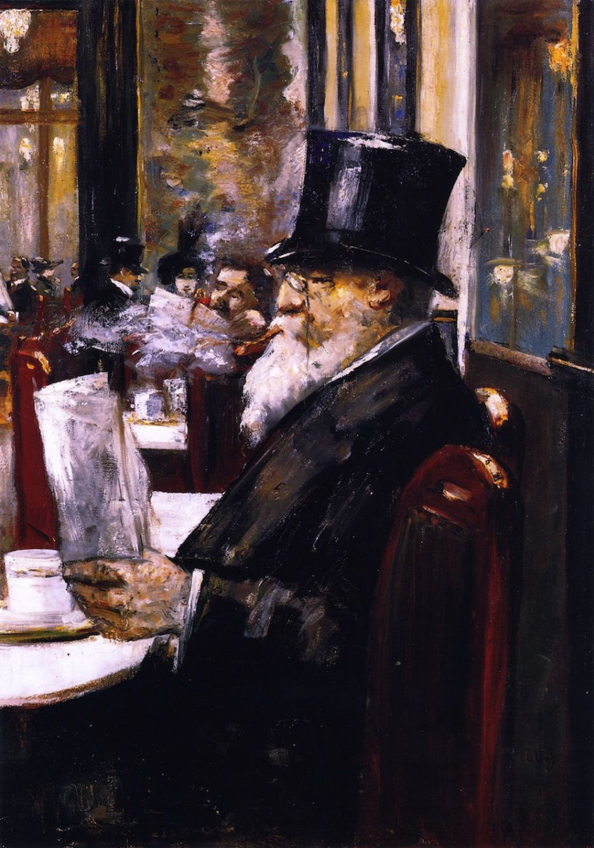 Lesser Ury. Reading newspaper in cafe
