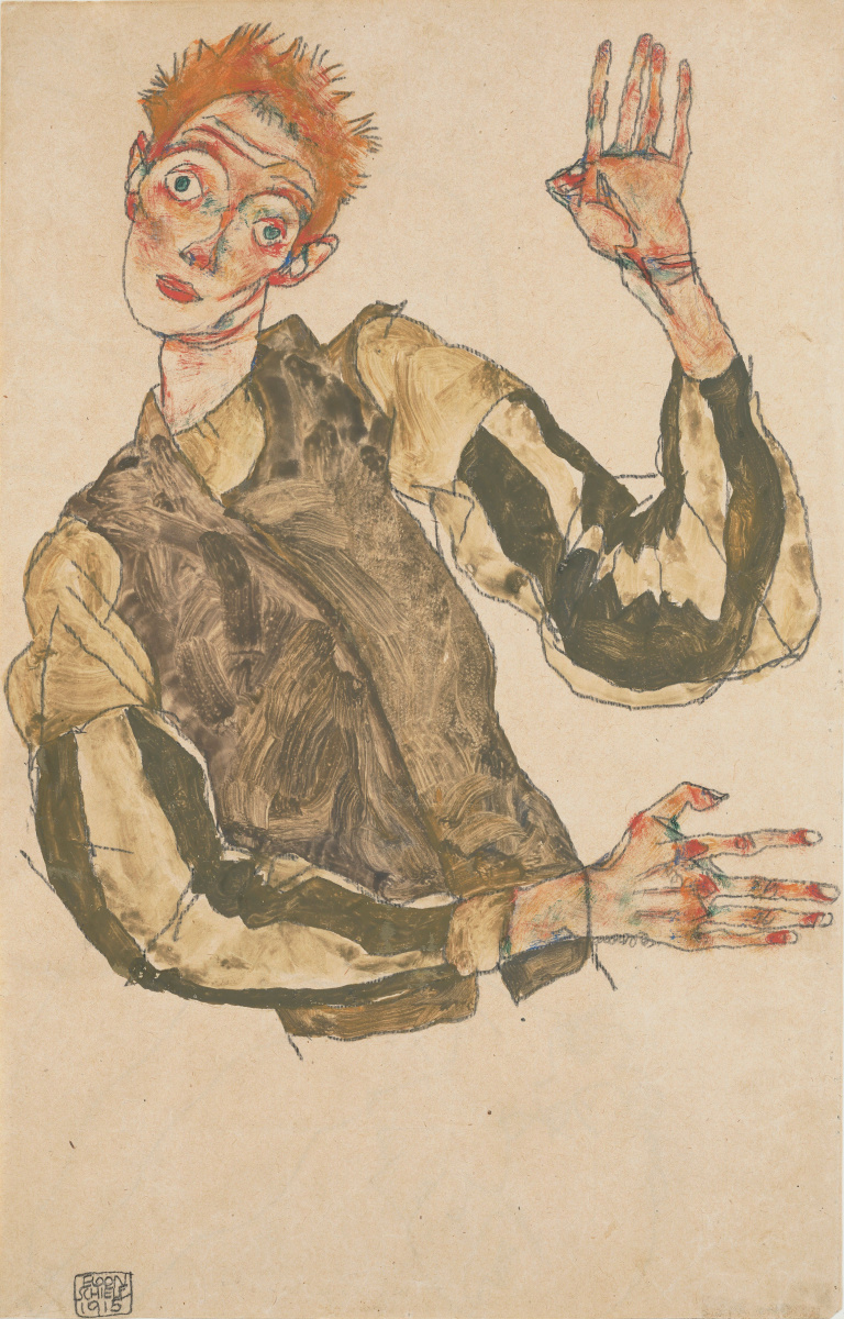 Egon Schiele. Self-portrait with striped armlets