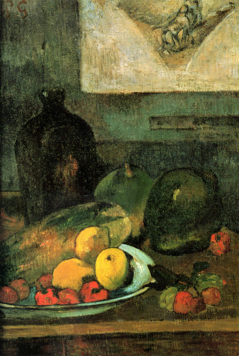 Paul Gauguin. Still life on the background of the prints Delacroix
