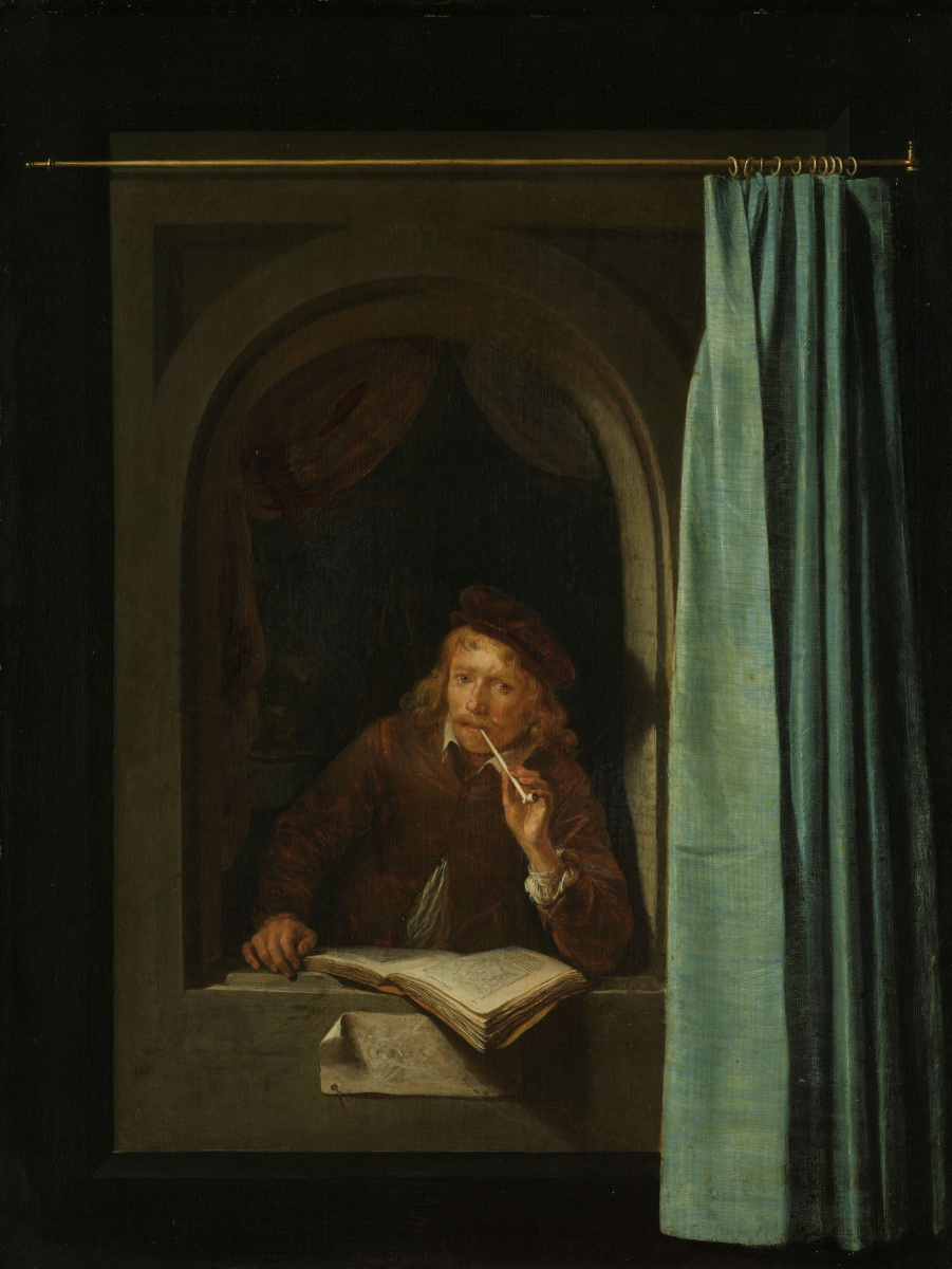 Gerrit (Gerard) Dow. Man with pipe and book (self-Portrait)