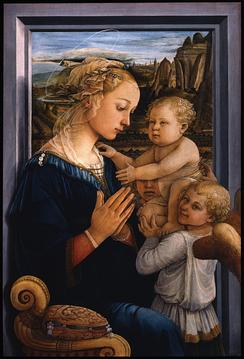 Fra Filippo Lippi. Madonna mit einem Baby und zwei Engeln (Madonna unter einem Schleier)