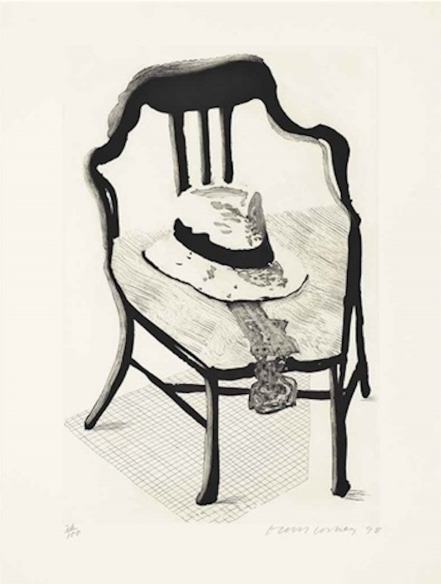 David Hockney. Hat with a bow tie on a chair