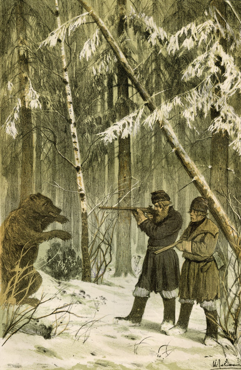Isaac Levitan. Jagdskizzen (Bär). Lithographie in der Zeitschrift "Moskau" (Moskau, 1882), №42. S. 346