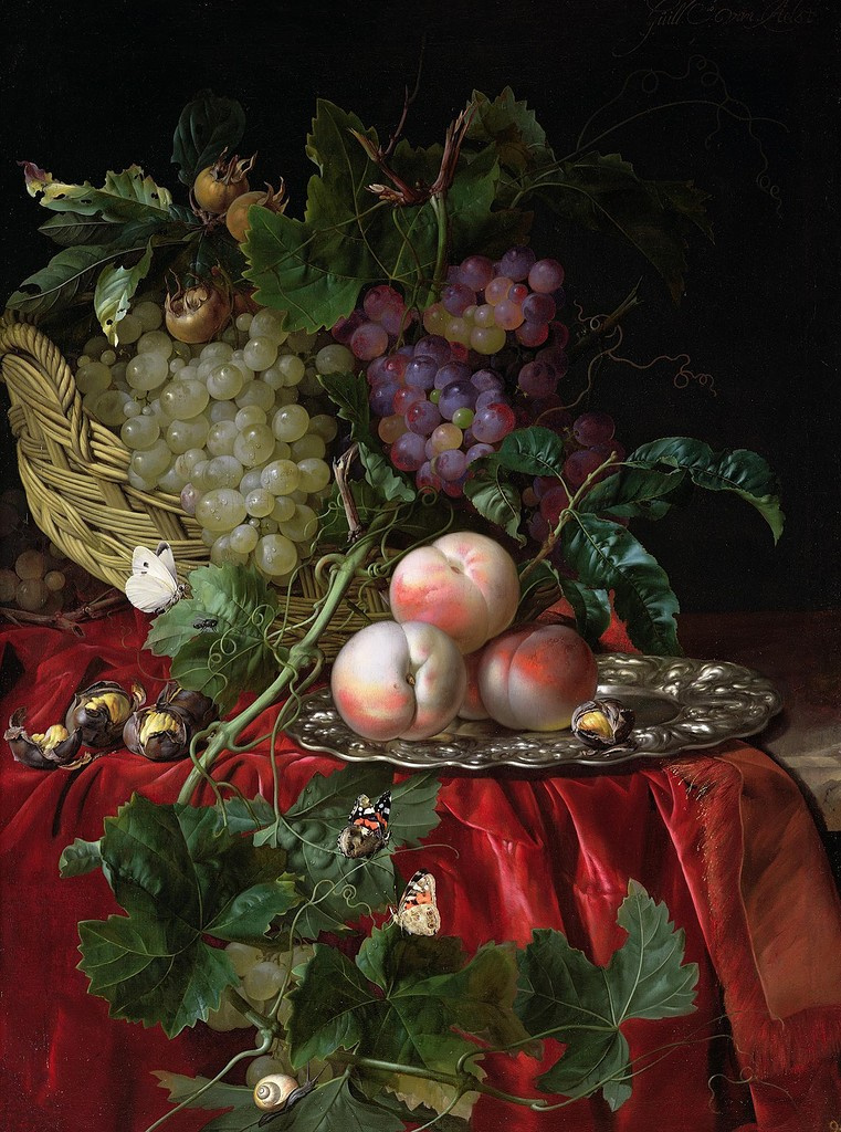 Willem van Aelst. Still life with basket, grapes, chestnuts and peaches on a platter
