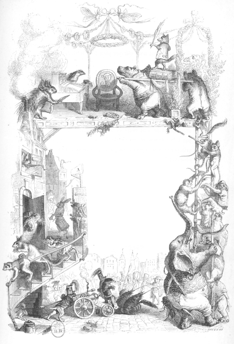Jean Ignace Isidore Gérard Grandville. "Scenes of public and private life of animals." Design of the title page of Volume II. "Animal Revolution"