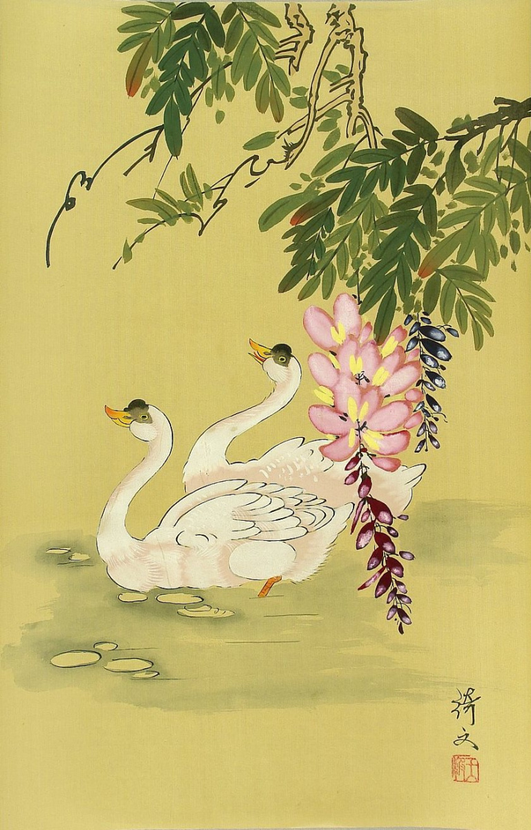 Utagawa Hiroshige. A pair of swans and blooming polka dots. Series "Birds and flowers"