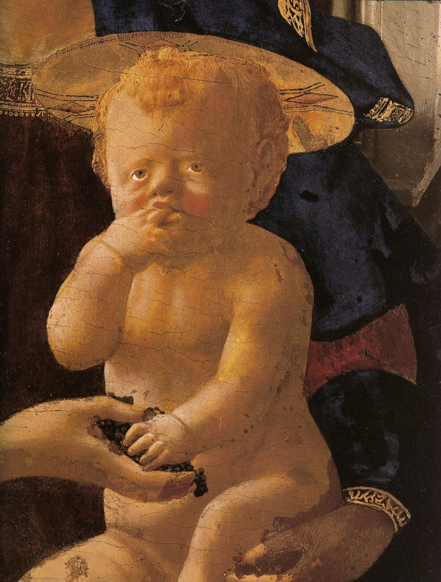 Tommaso Masaccio. Madonna and Child with angels. Fragment. Baby christ