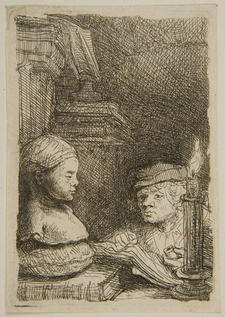 Rembrandt Harmenszoon van Rijn. Man drawing a plaster model by the candle light