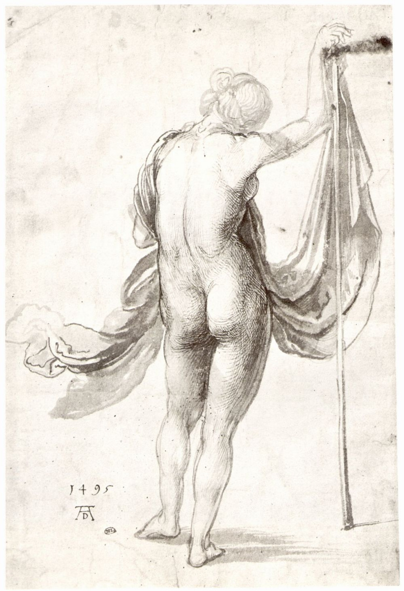 Albrecht Durer. Nude with stick and drape the figure from the back