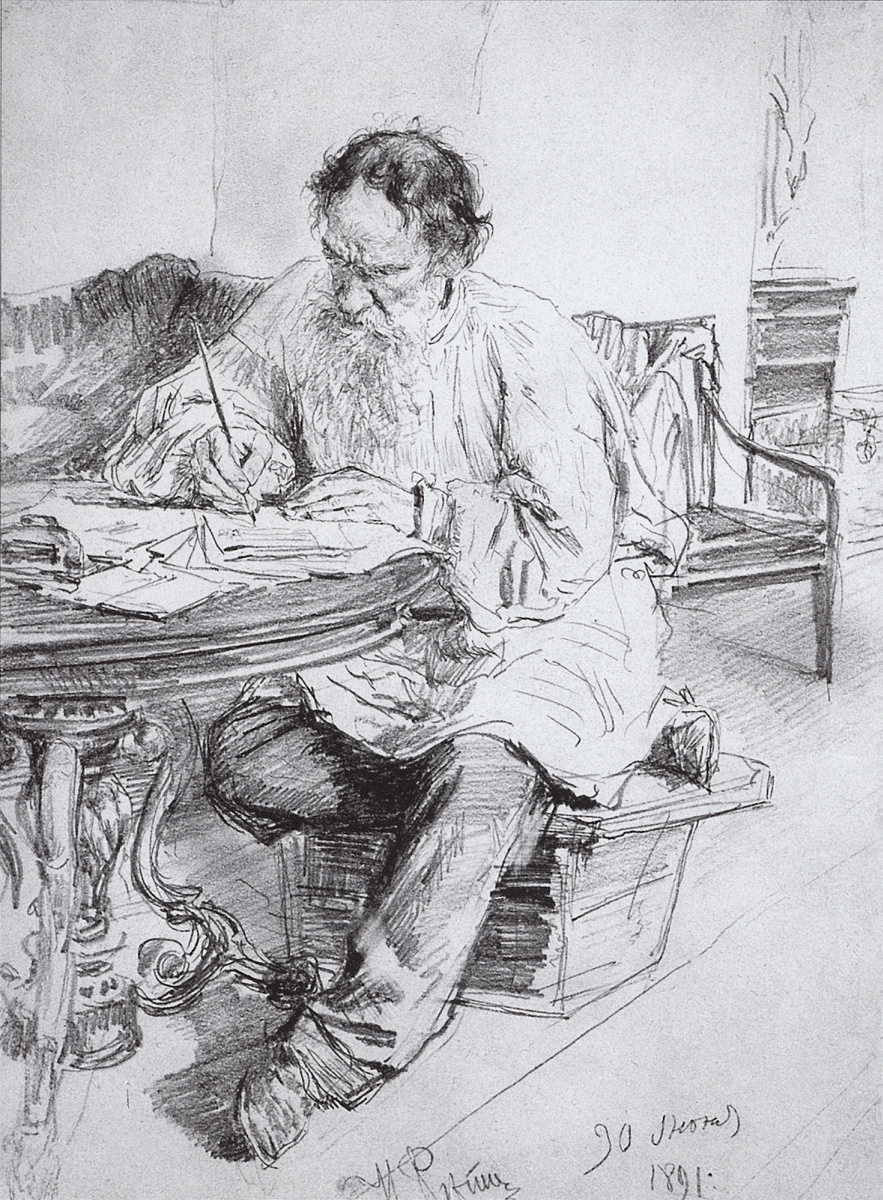 Ilya Efimovich Repin. Leo Tolstoy at work at the round table