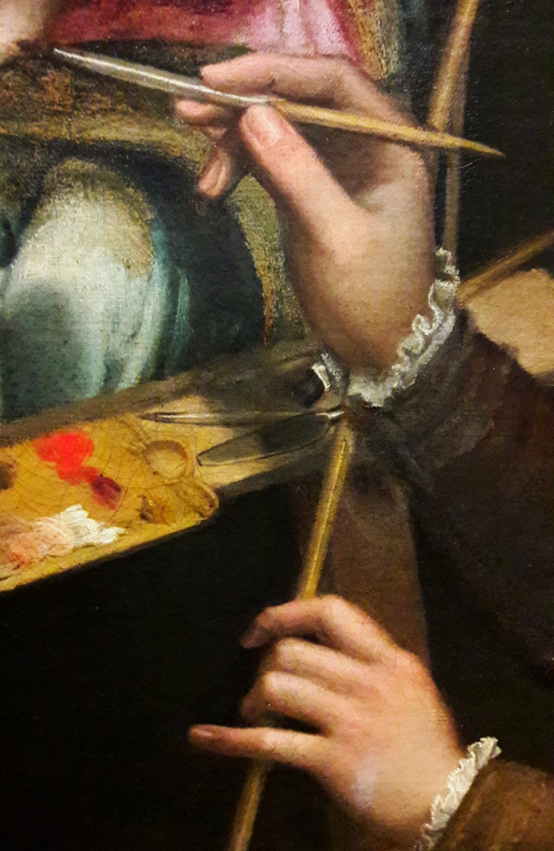 Self portrait at the easel. Fragment