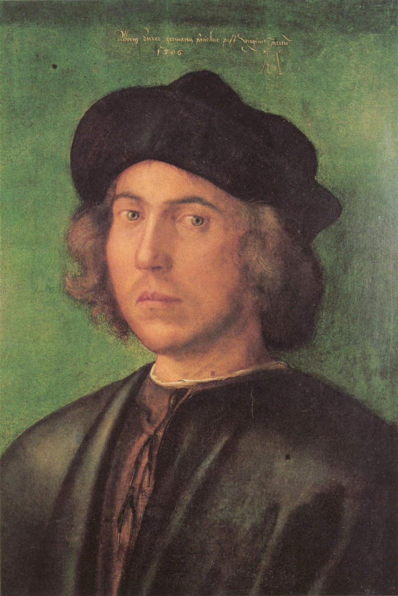 Albrecht Durer. Portrait of young man on green background