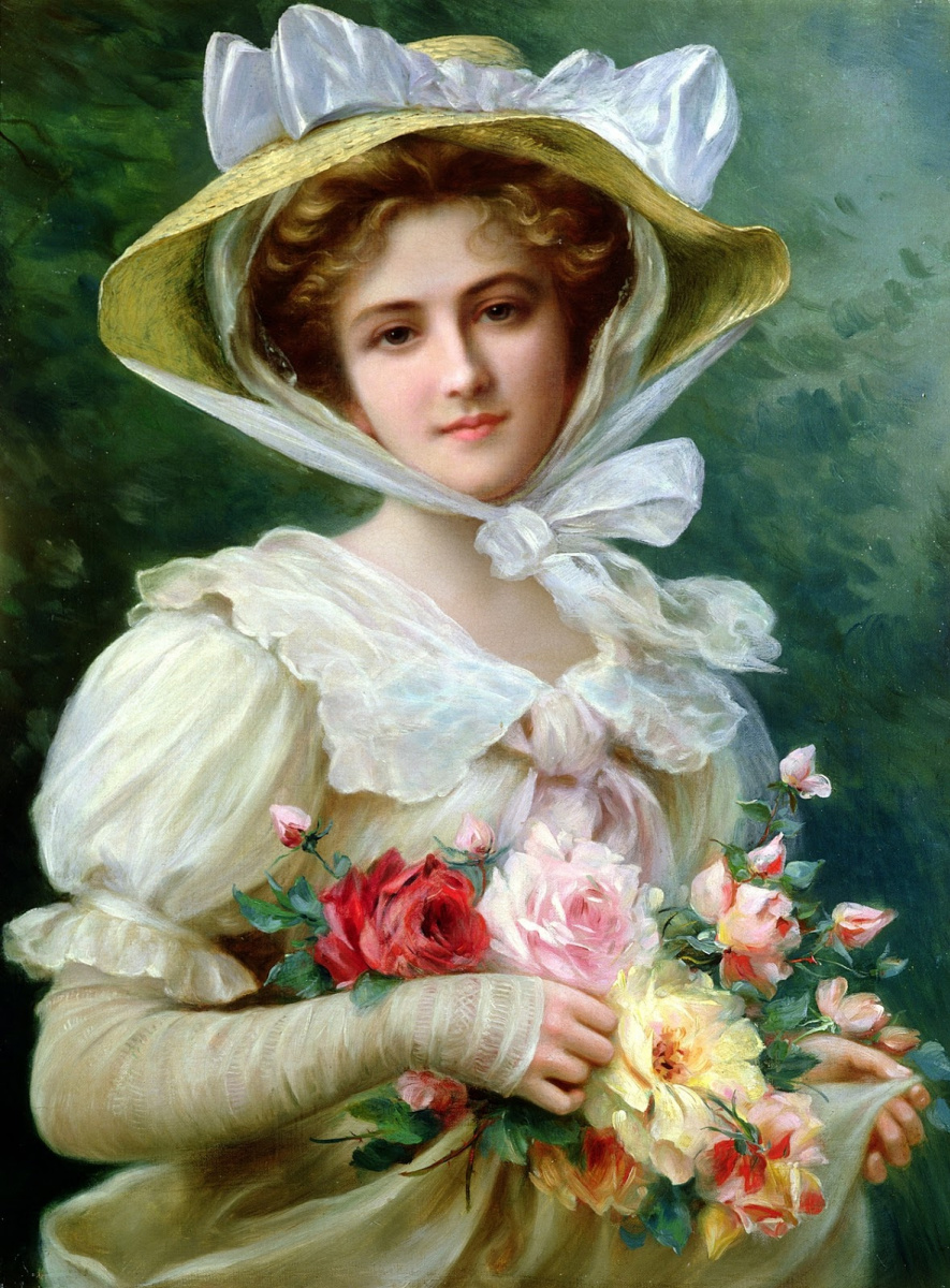Emile Vernon. Elegant lady with a bouquet of roses.