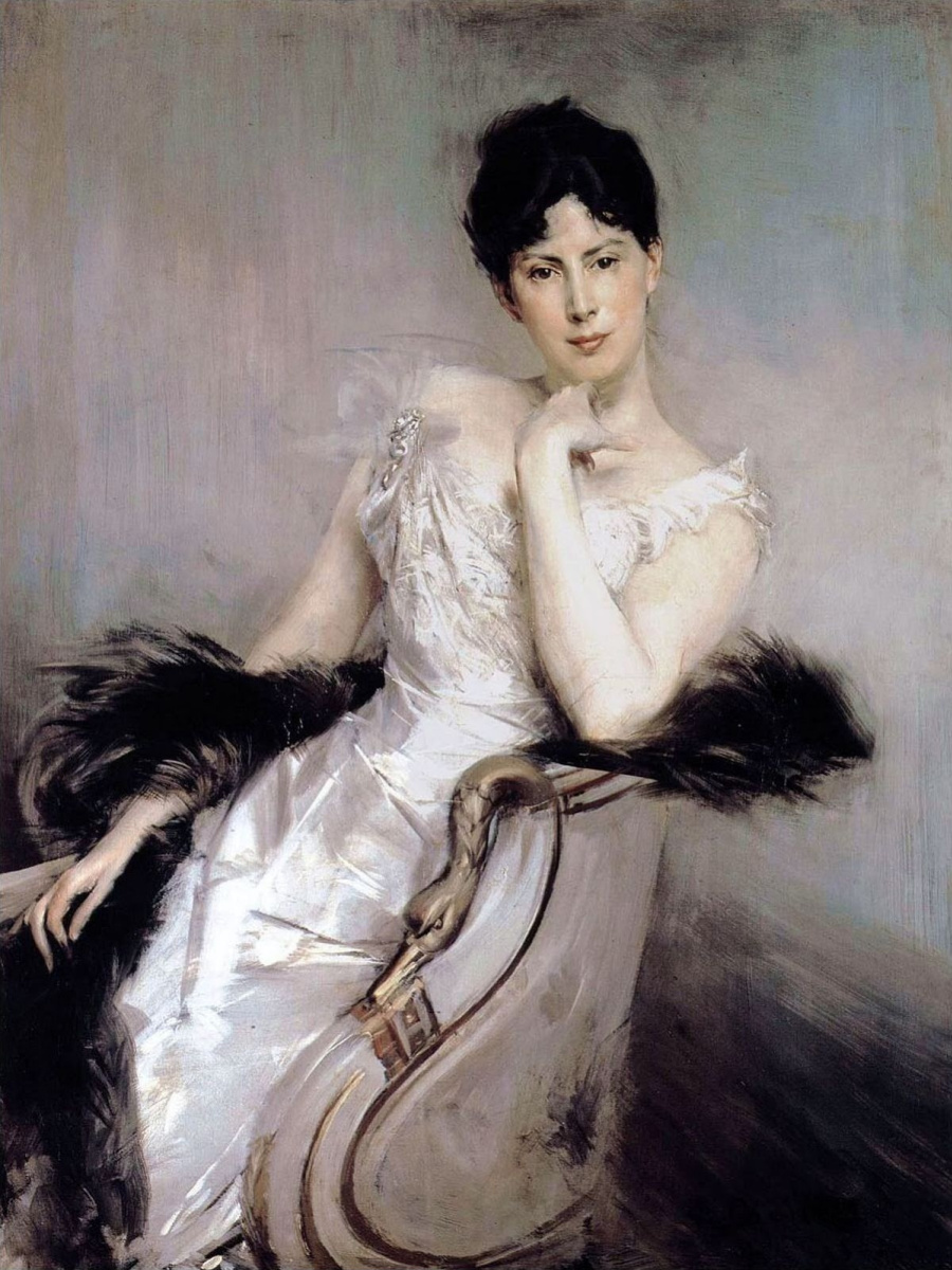 Giovanni Boldini. Lady in white dress and black boa