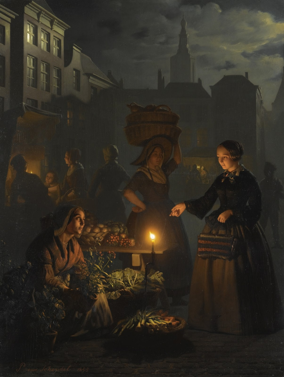Петрус ван Шендель. Овощной рынок в лунном свете на Гроте-маркт в Гааге. 1855