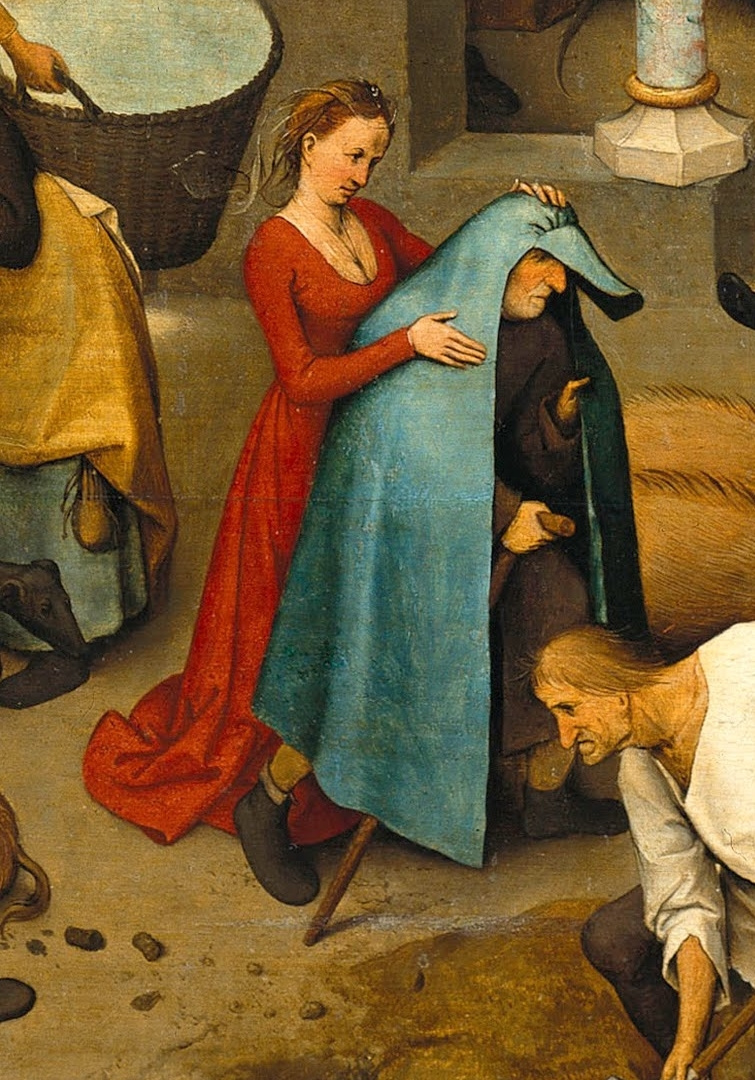 Pieter Bruegel The Elder. Flemish proverbs. Fragment: She puts on her husband a blue raincoat - she cheats on her husband