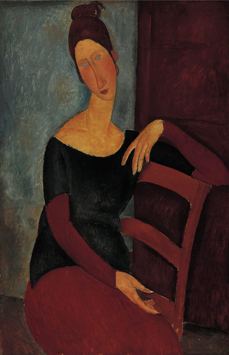 Amedeo Modigliani. Portrait of Jeanne hébuterne, putting his hand on the back of a chair