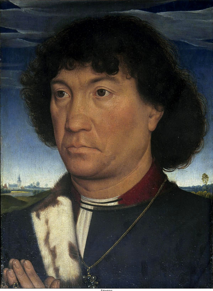 Hans Memling. Portrait of a man from a family of Lespinet or People praying in front of the landscape