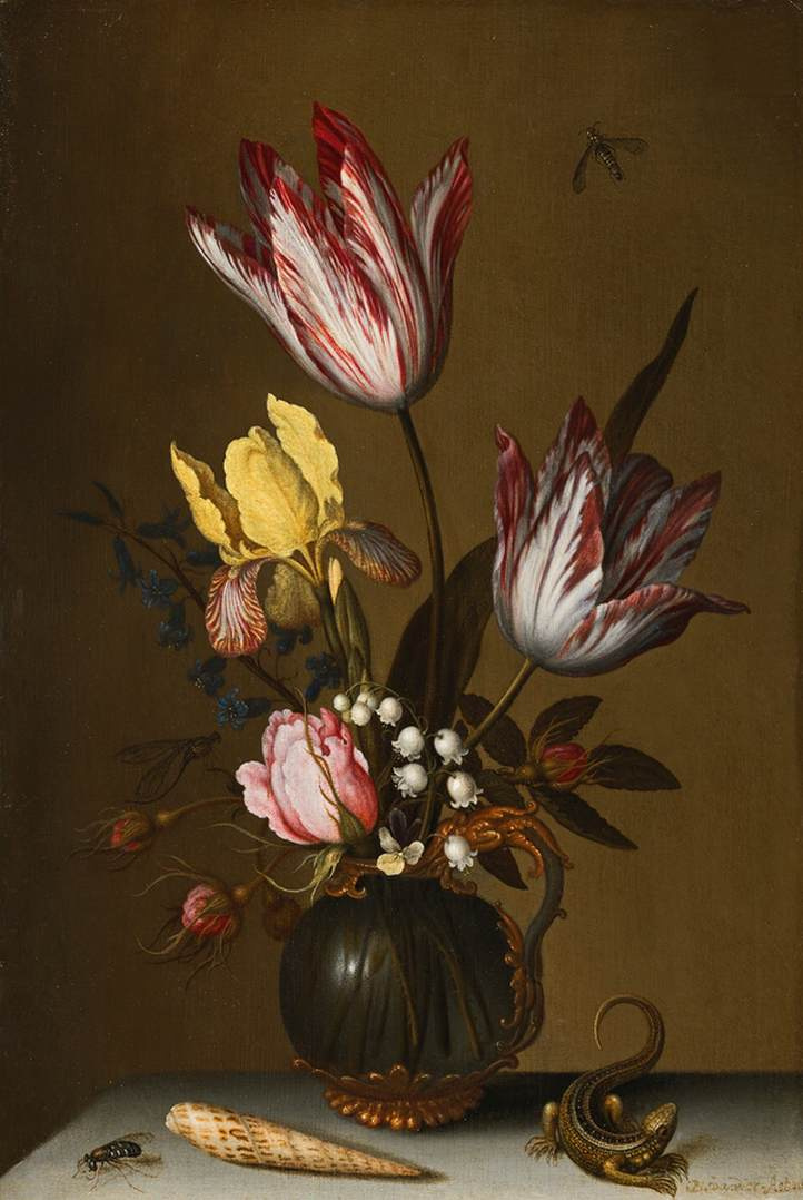 Балтазар ван дер Аст. Натюрморт с пестрыми тюльпанами в вазе и ящерицей