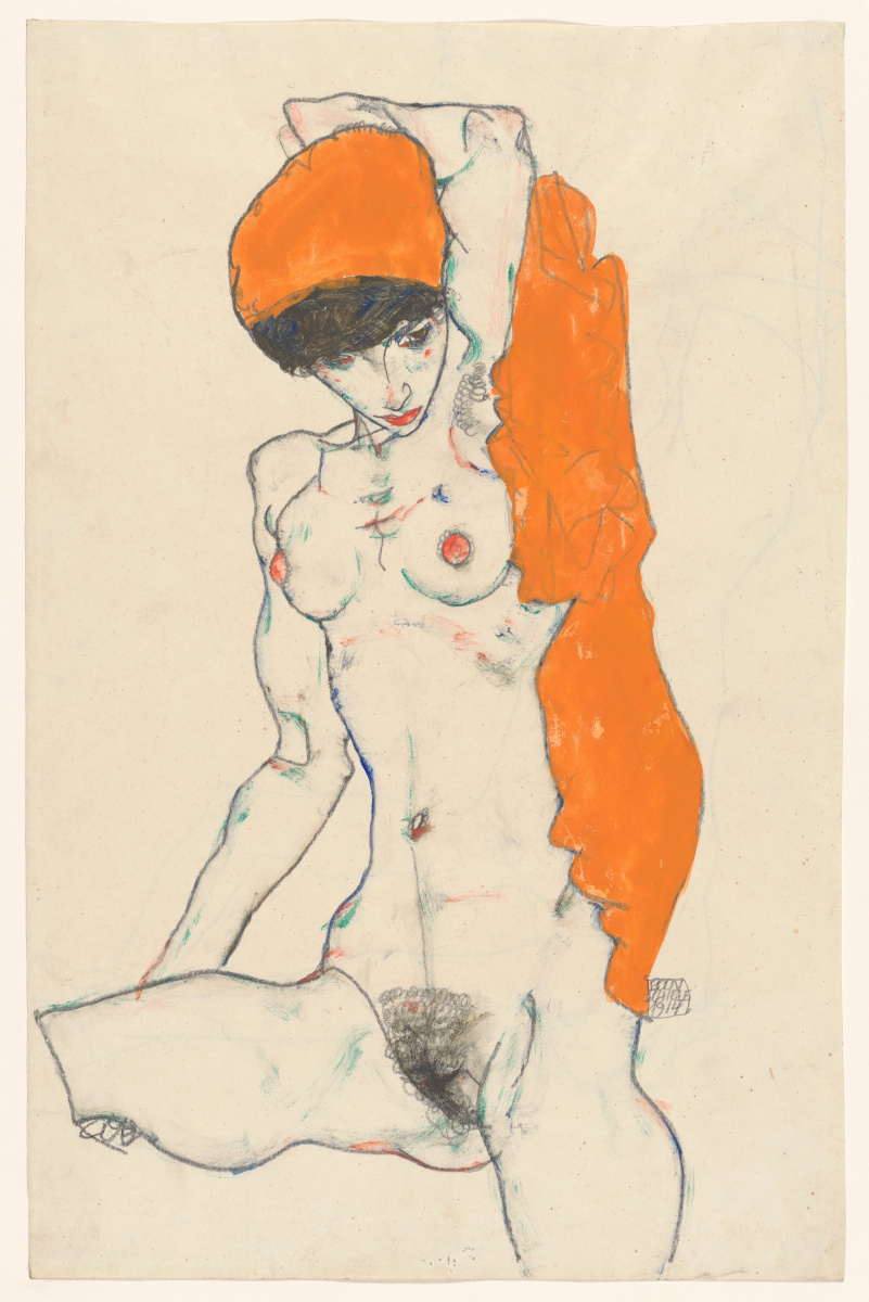 Egon Schiele. Standing Nude with Orange Drapery