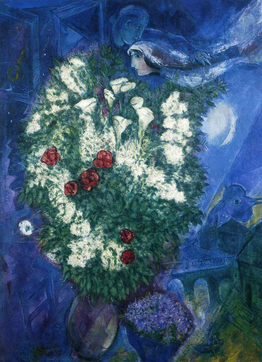 Marc Chagall. Bouquet with lilies and flying lovers