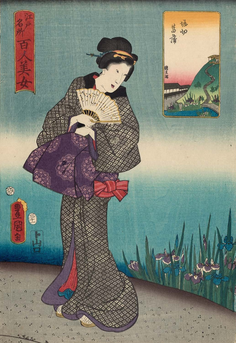 Utagawa Kunisada. Iris in Horikiri. Serie "Schöne Frauen und berühmte Orte in Edo"