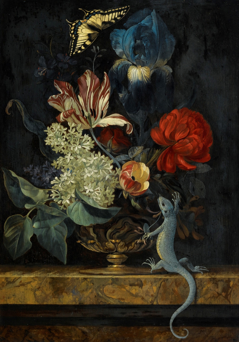 Willem van Aelst. Bodegón con flores, mariposa y lagarto.