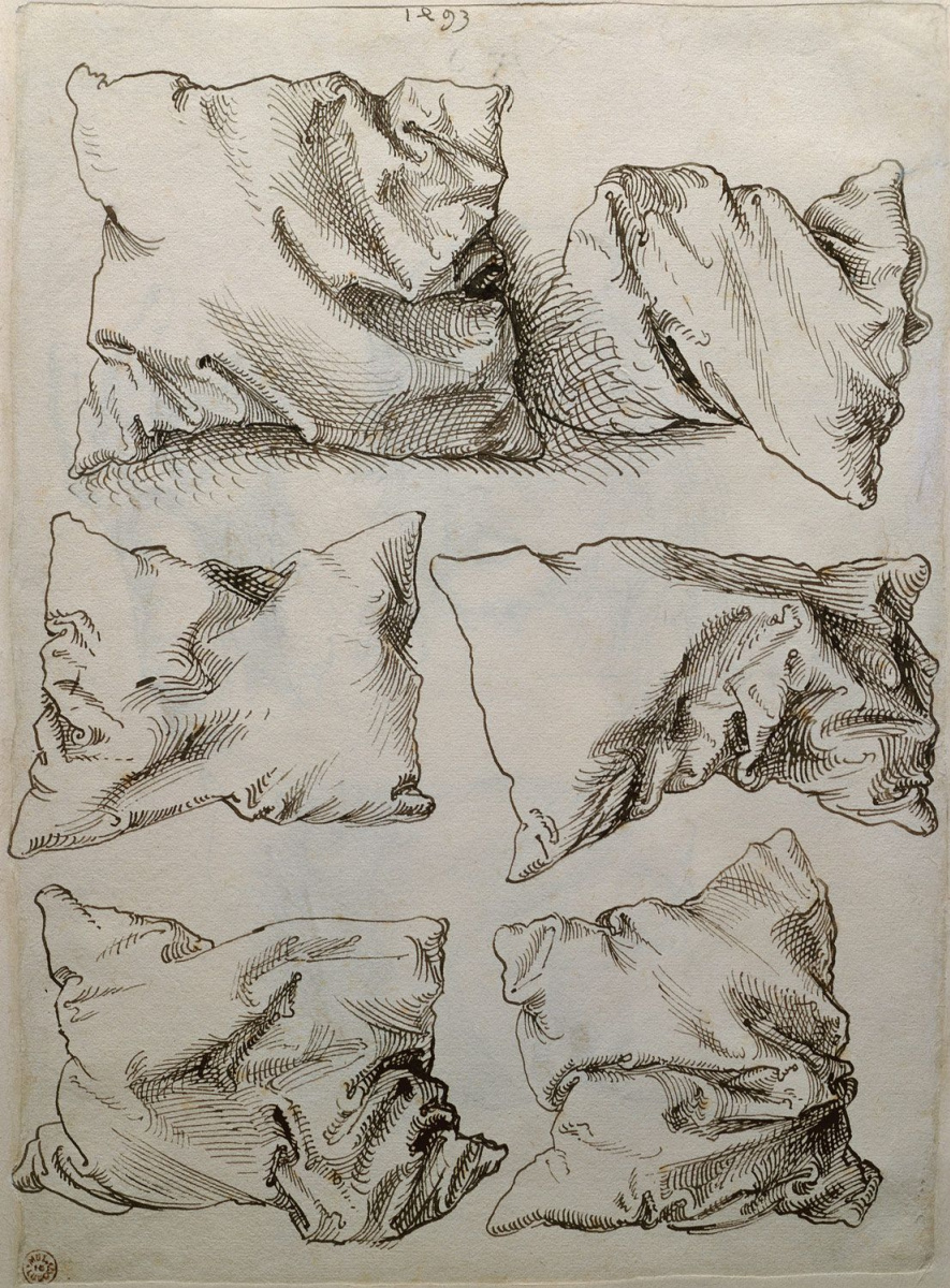 Albrecht Durer. 六个枕头草图（背面的“自画像与手和枕头草图”）