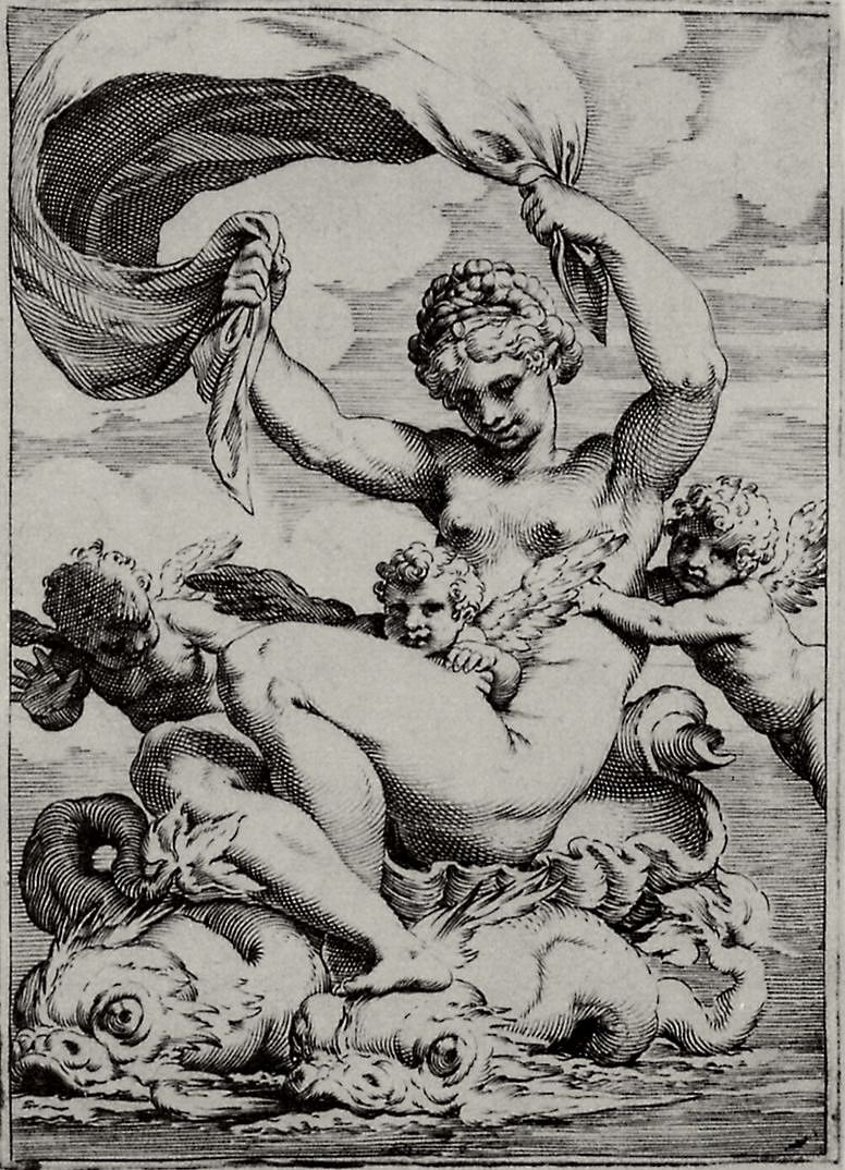 Agostino Carracci. The series of "Sensuality", Venus or Galatea, floating dolphins