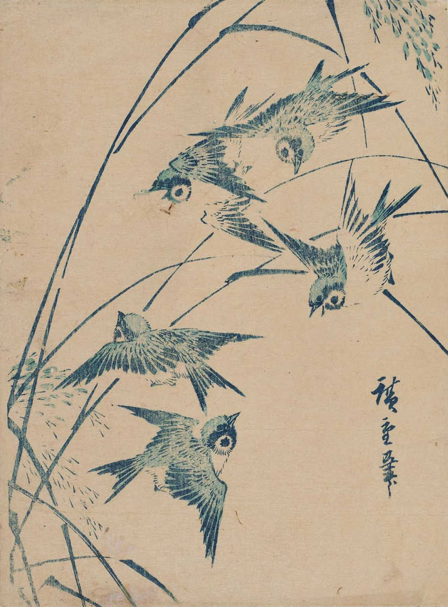 Utagawa Hiroshige. A flock of sparrows and stems of rice