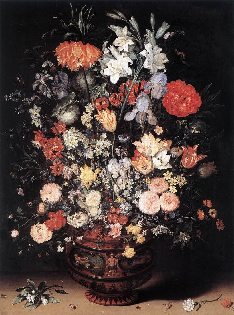 Jan Bruegel The Elder. Flowers in a wooden vessel