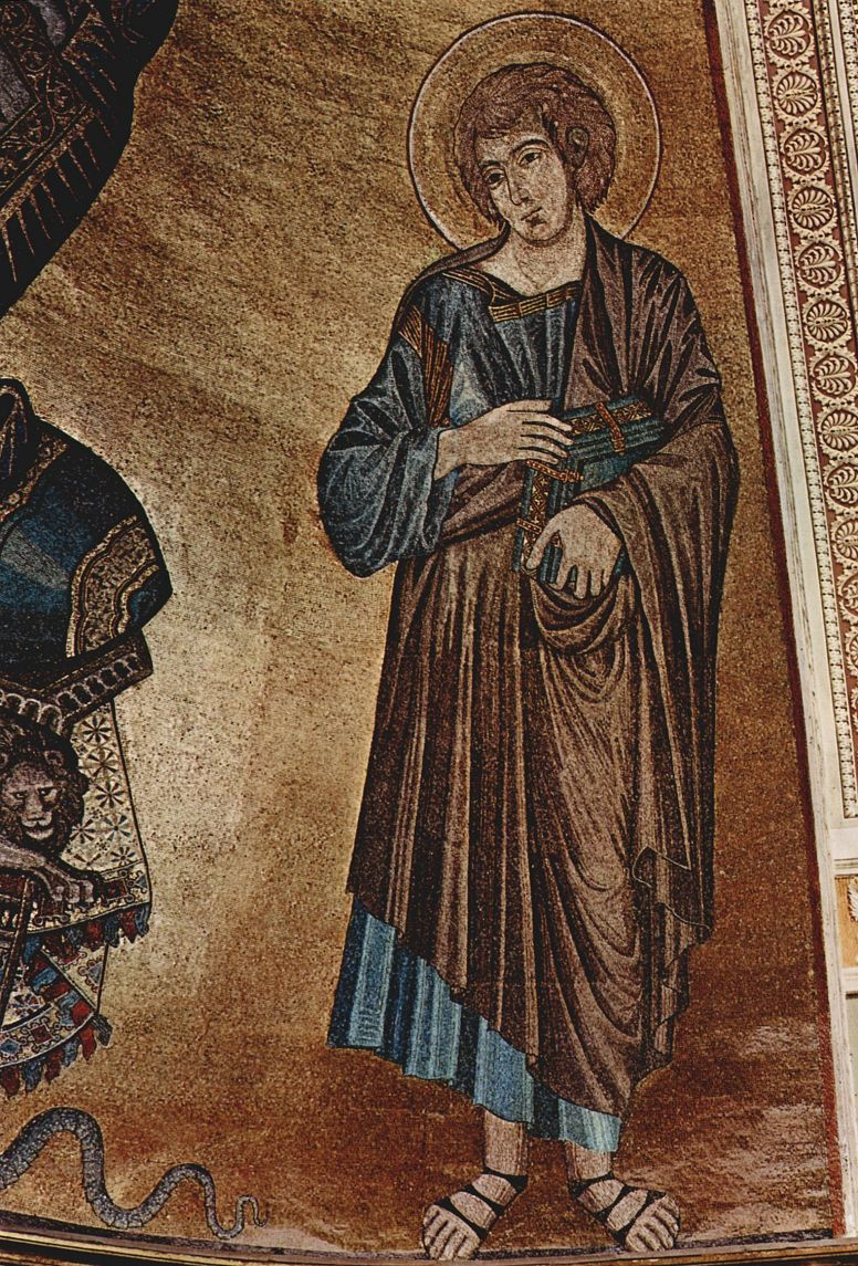 Cimabue (Chenny di Pepo). Mozaik katedrale v Pizi, prizor: Kristus ustoličen z Marijo in Janezom, podrobnost: Janez