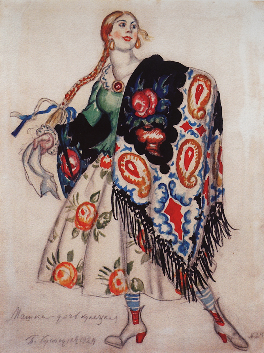 Boris Kustodiev. Mashka is the merchant's daughter. Costume design for the production of the play "Flea" by E. I. Zamyatin (after the story "Lefty" by N. S. Leskov)
