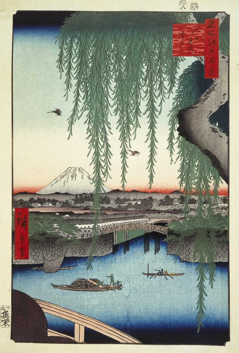 Utagawa Hiroshige. The view from the bridge, Azumi. The series "100 famous views of Edo"